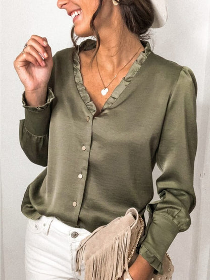 V Neck Ruffle Trim Blouse