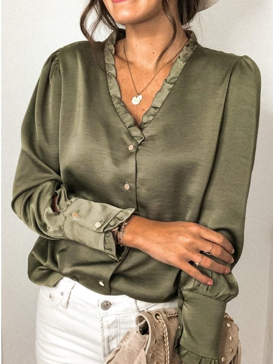 V Neck Ruffle Trim Blouse