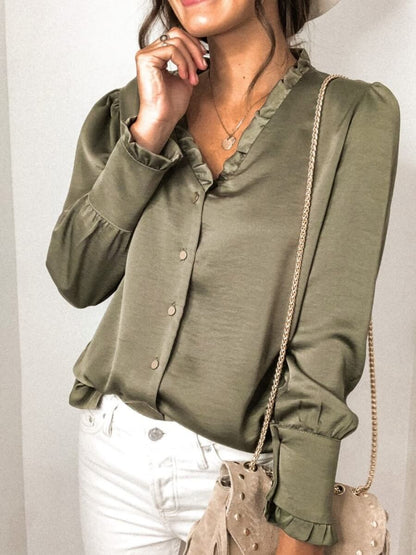 V Neck Ruffle Trim Blouse