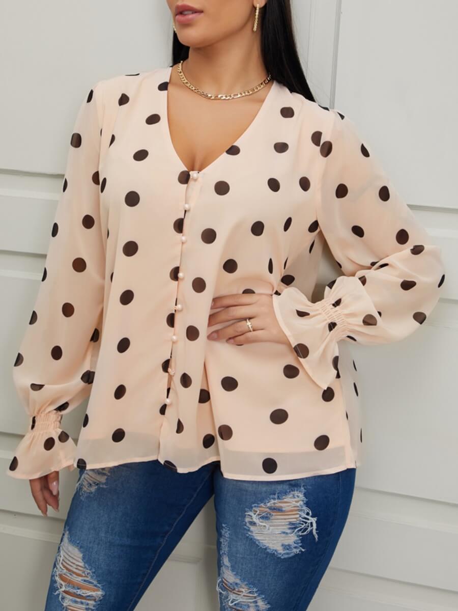 Trendy V Neck Dot Print Light Camel Blouse