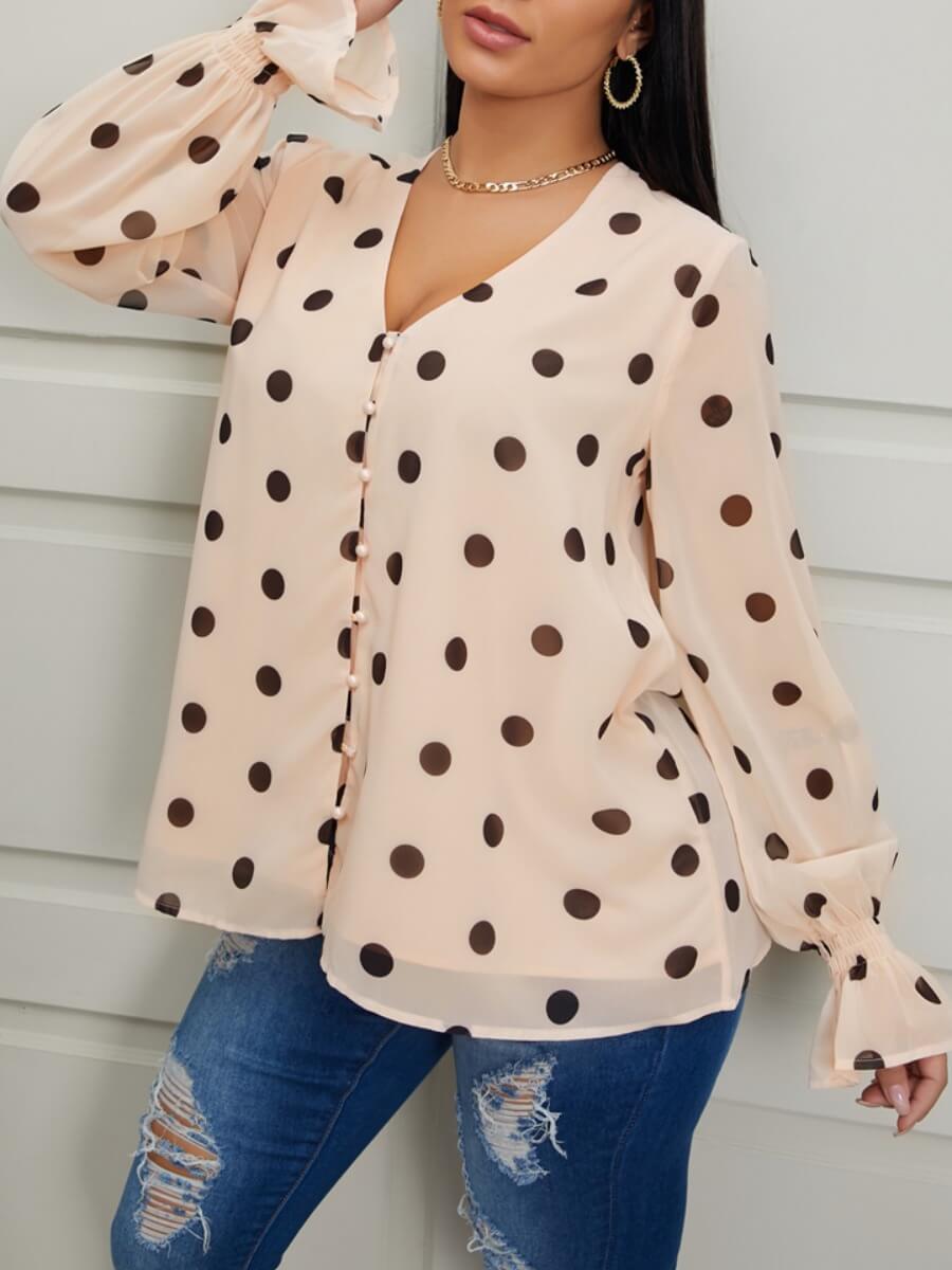 Trendy V Neck Dot Print Light Camel Blouse