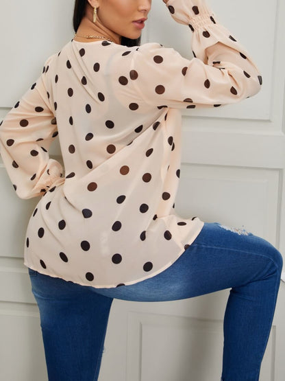 Trendy V Neck Dot Print Light Camel Blouse