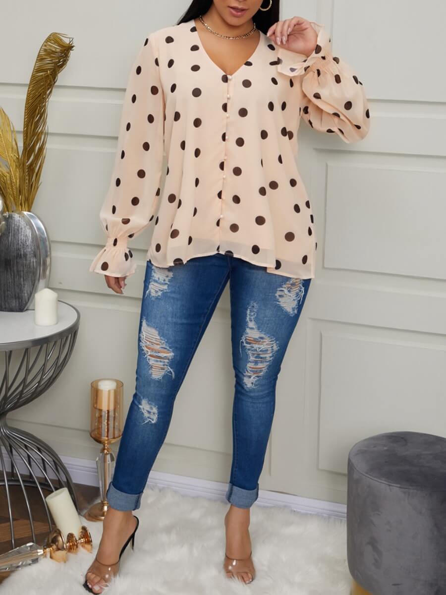 Trendy V Neck Dot Print Light Camel Blouse