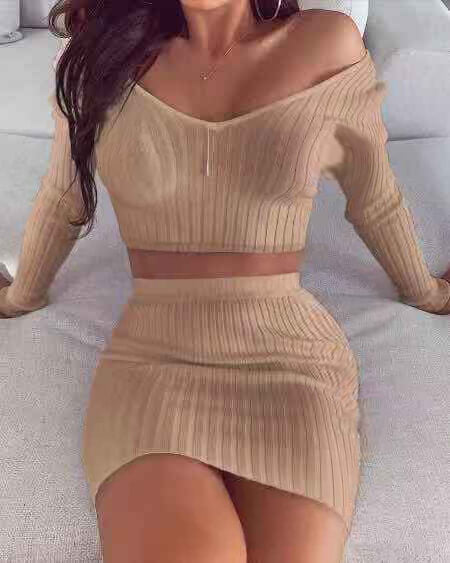 V Neck Elastic Skirt Set