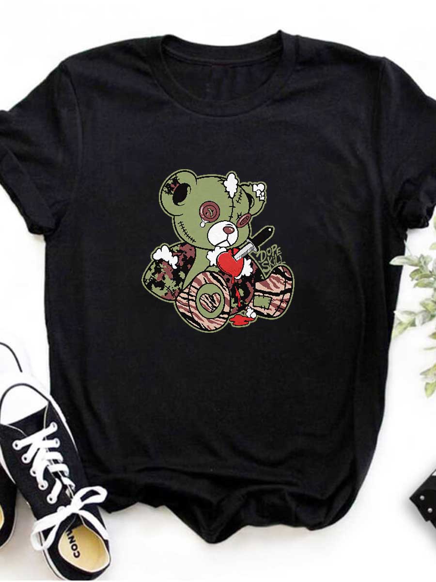 Plus Size Round Neck Cartoon Print T-shirt