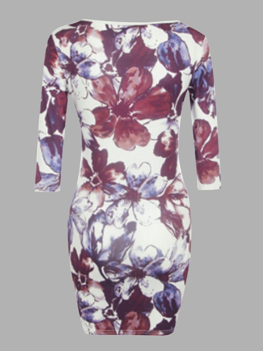 Plus Size Inclined Neck Floral Print Bodycon Dress