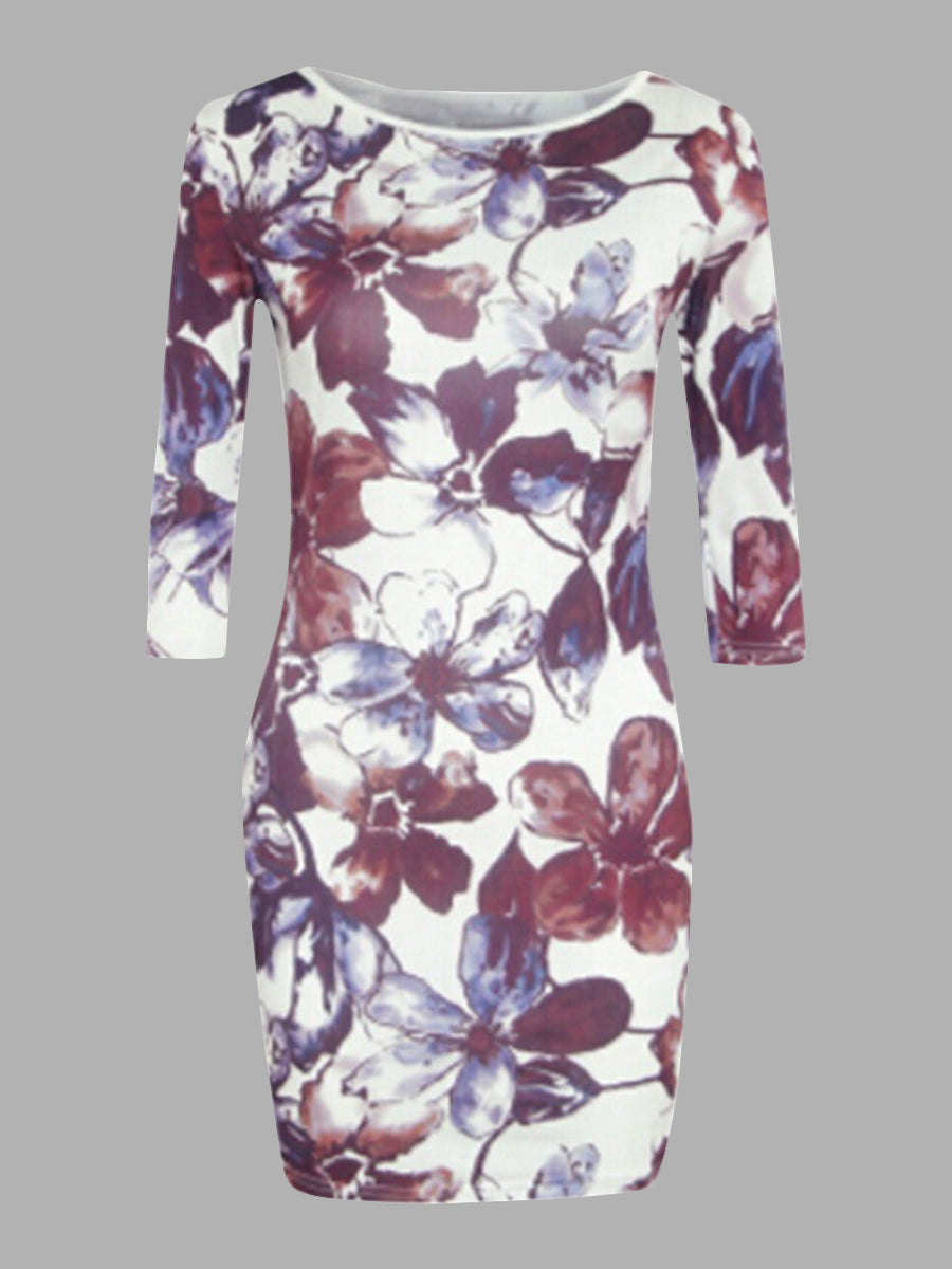 Plus Size Inclined Neck Floral Print Bodycon Dress