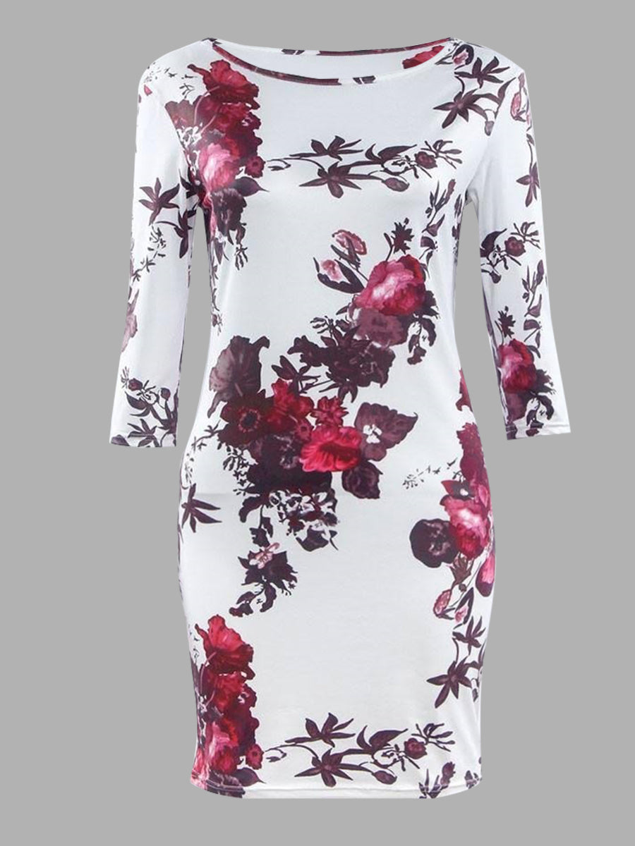 Plus Size Inclined Neck Floral Print Bodycon Dress