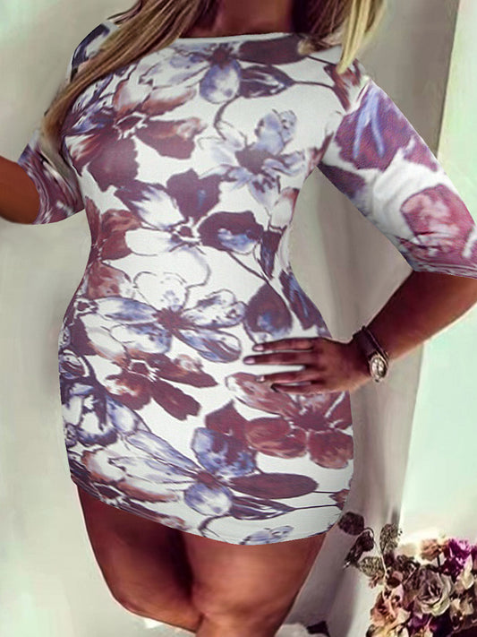 Plus Size Inclined Neck Floral Print Bodycon Dress