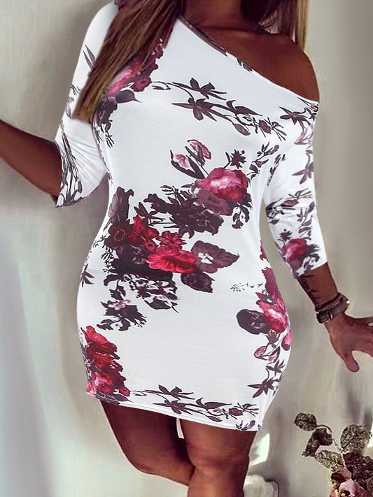 Plus Size Inclined Neck Floral Print Bodycon Dress