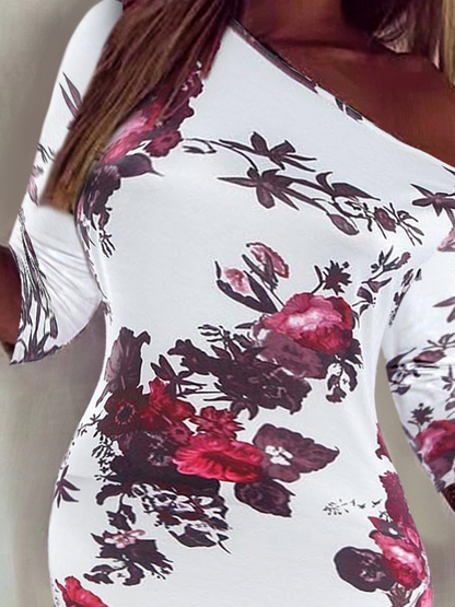 Plus Size Inclined Neck Floral Print Bodycon Dress