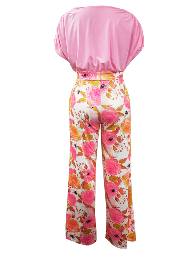 BASICS Rose Flower Print Ruched Wide Leg Pants Set