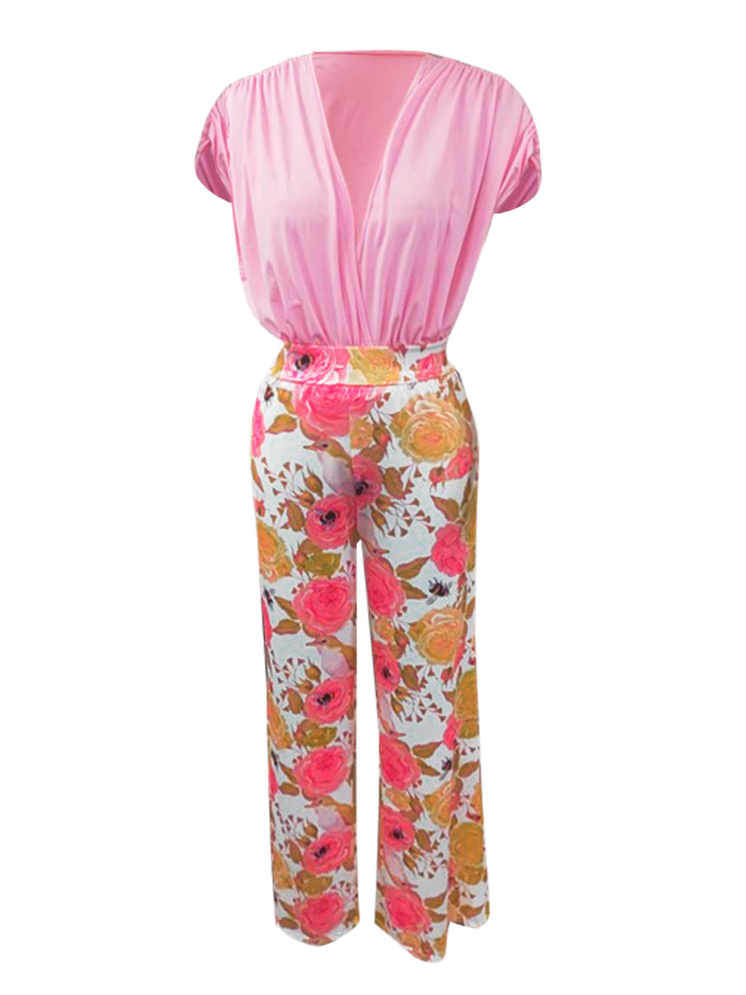 BASICS Rose Flower Print Ruched Wide Leg Pants Set