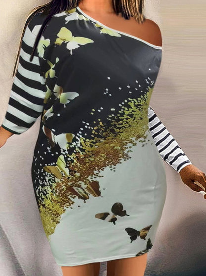 Plus Size Butterfly Print Striped Dress