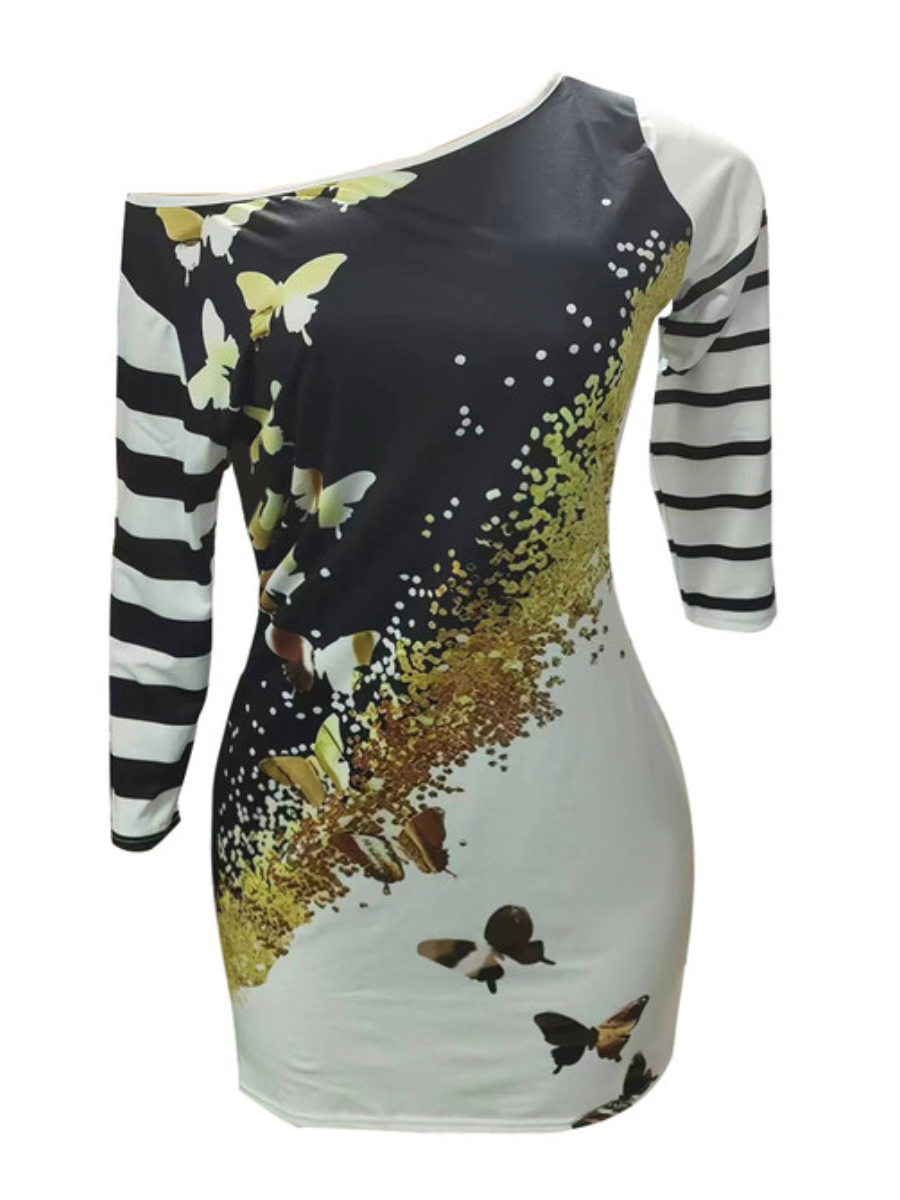 Plus Size Butterfly Print Striped Dress