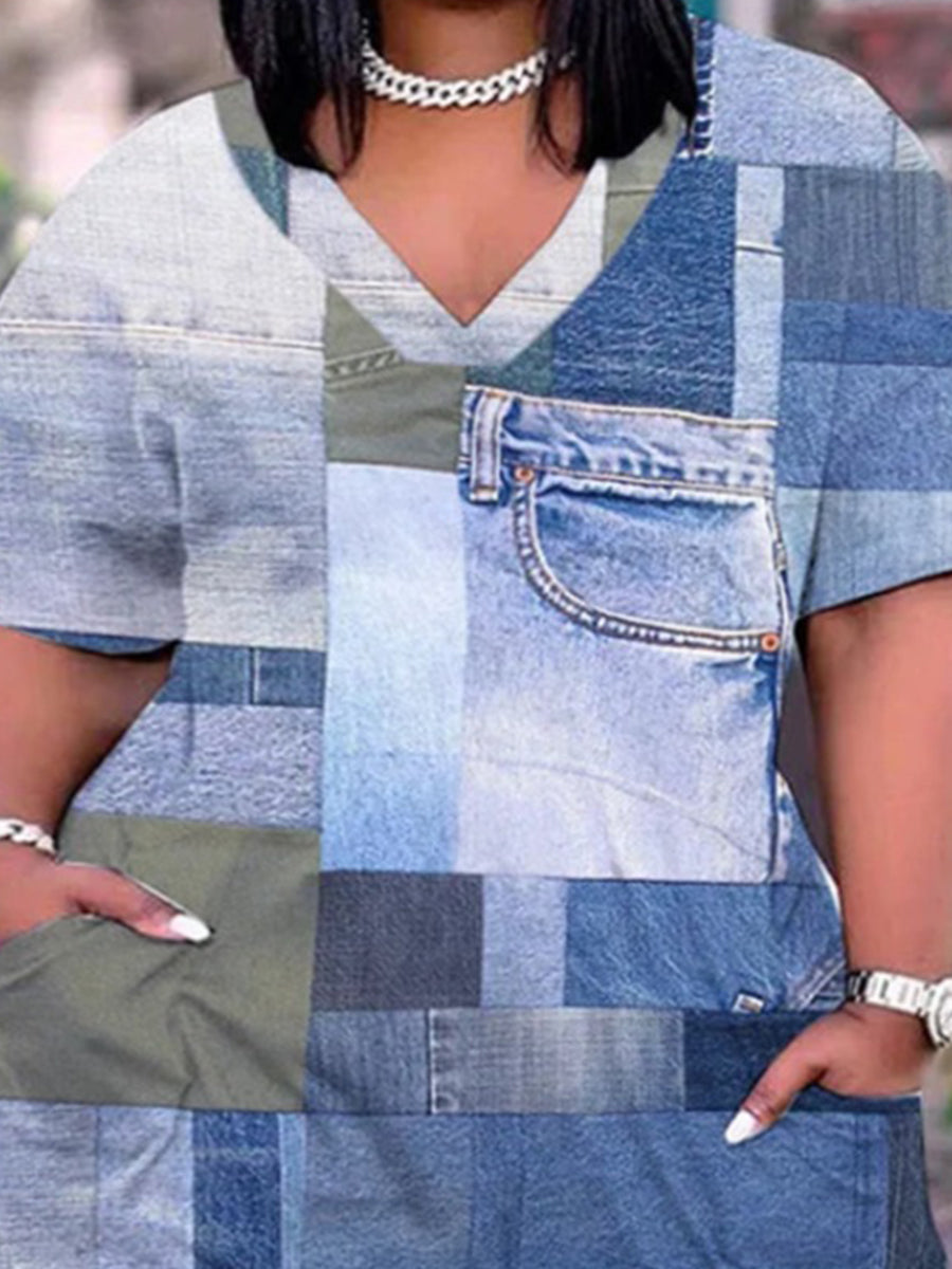 Plus Size Imitation Denim Pocket Design Patchwork Dress