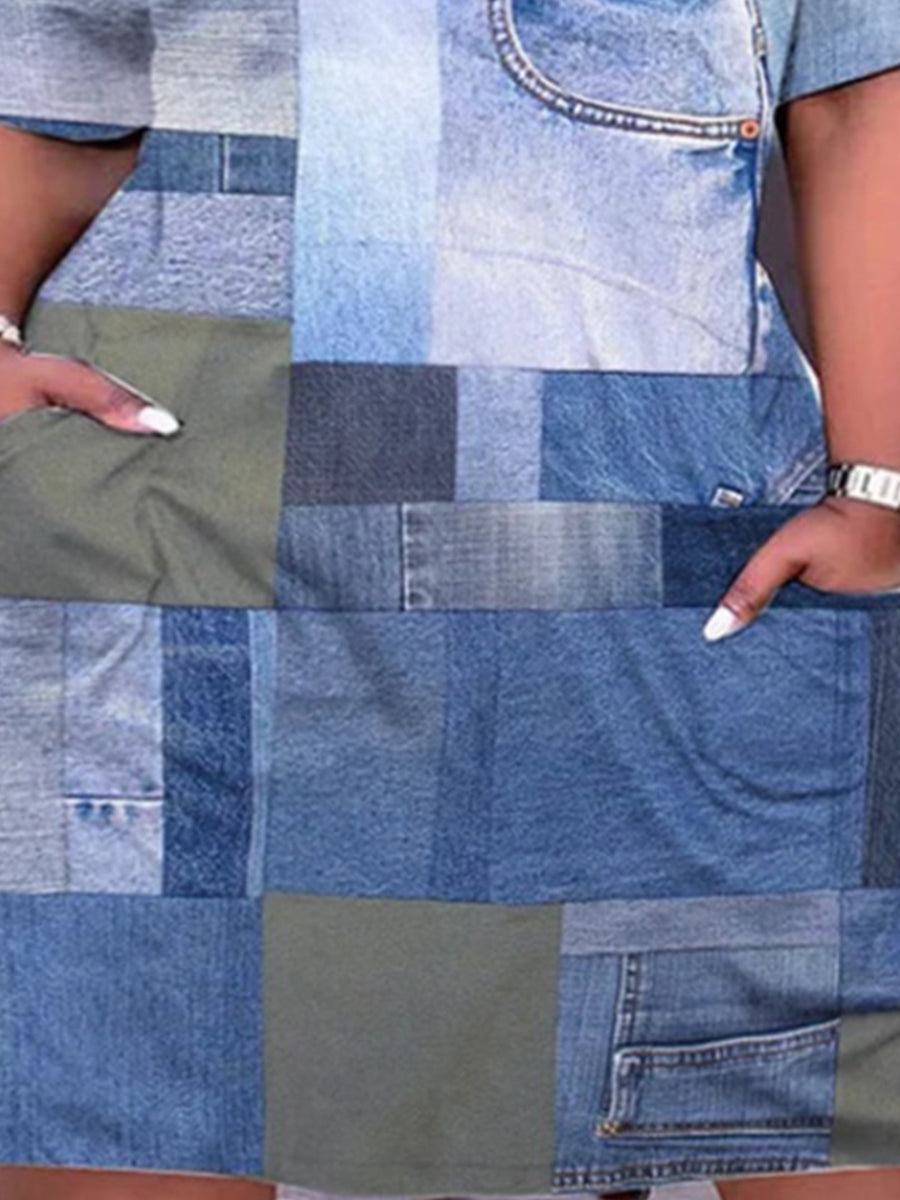 Plus Size Imitation Denim Pocket Design Patchwork Dress