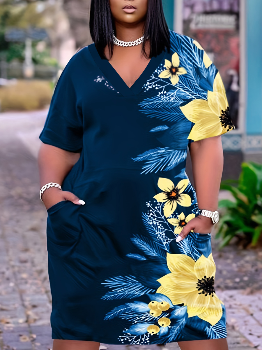 Plus Size Floral Print Pocket Design Dress