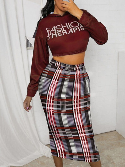 Hooded Collar Crop Top Plaid Letter Print Skirt Set