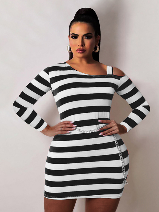 Plus Size Inclined Neck Striped Bodycon Dress