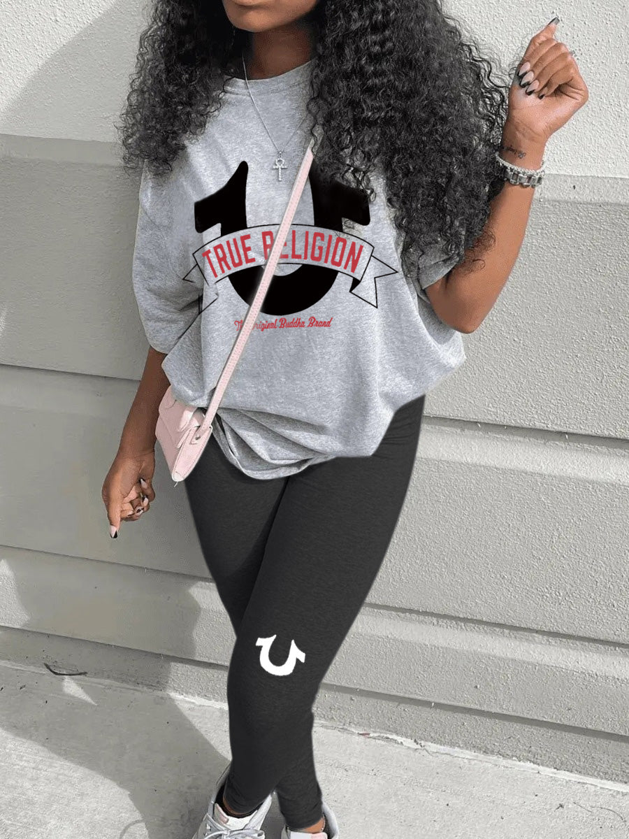 Round Neck Letter Print Loose Pants Set