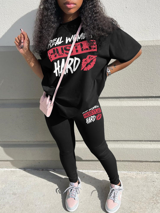 Plus Size Lip Letter Print Pants Set