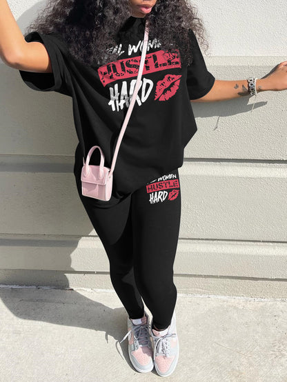 Plus Size Lip Letter Print Pants Set