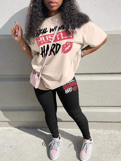 Plus Size Lip Letter Print Pants Set