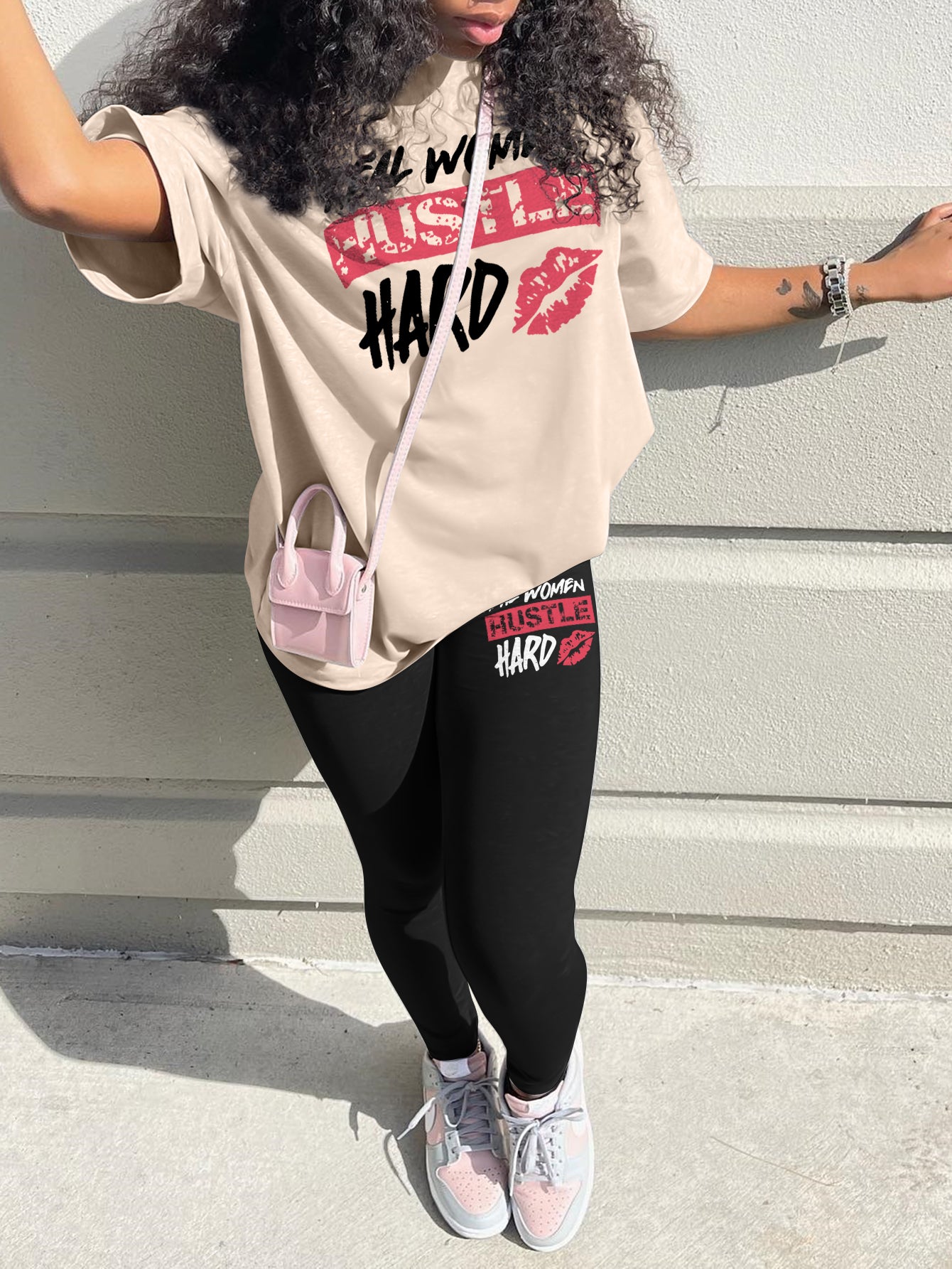 Plus Size Lip Letter Print Pants Set