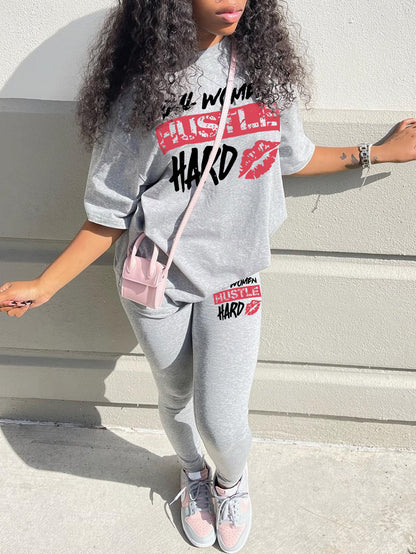 Plus Size Lip Letter Print Pants Set