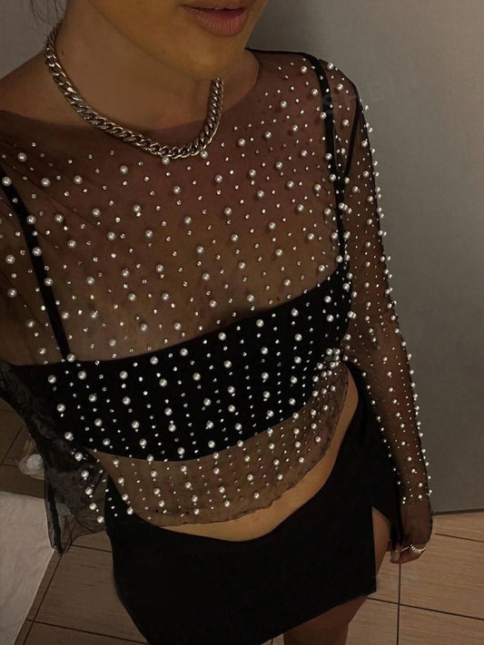 SXY See Through Pearl Decor T-shirt