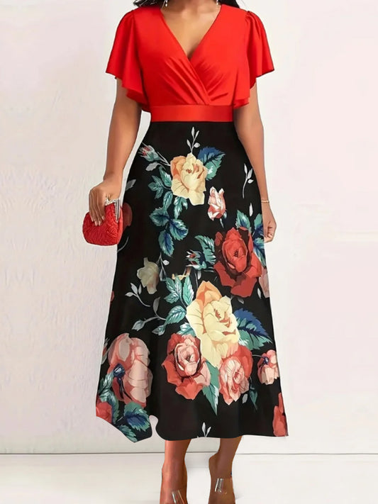 Plus Size V Neck Floral Print A Line Dress