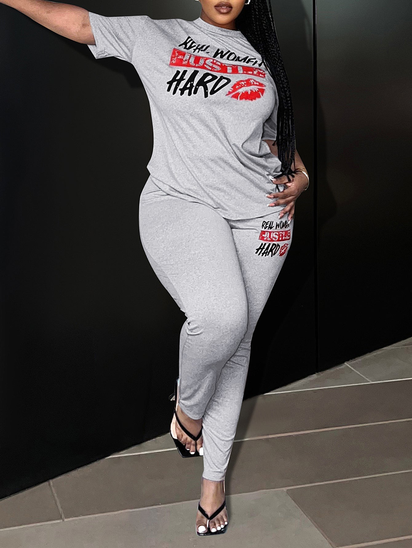 Plus Size Lip Letter Print Pants Set