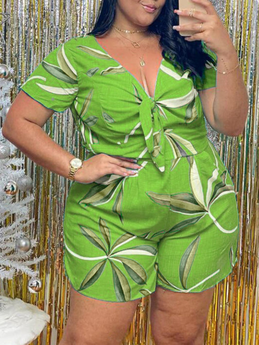 Plus Size Floral Print Front Knot Romper