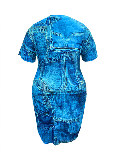 Plus Size Imitation Denim V Neck Pocket Design Dress