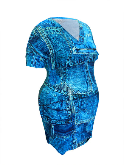 Plus Size Imitation Denim V Neck Pocket Design Dress