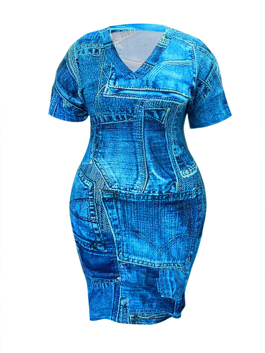 Plus Size Imitation Denim V Neck Pocket Design Dress