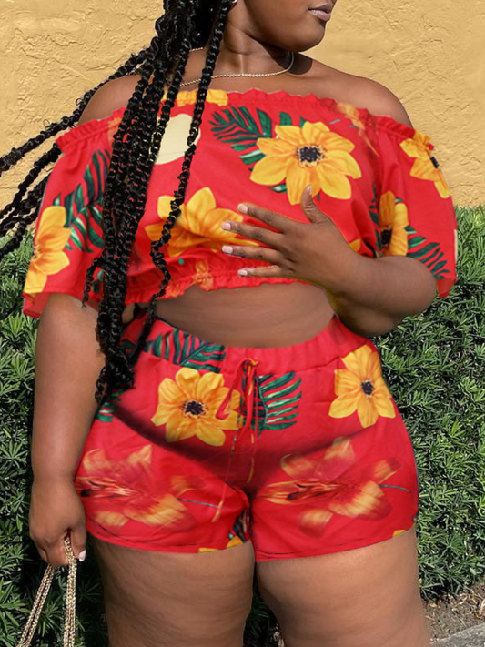 Plus Size Crop Top Sunflower Print Ruffle Trim Shorts Set