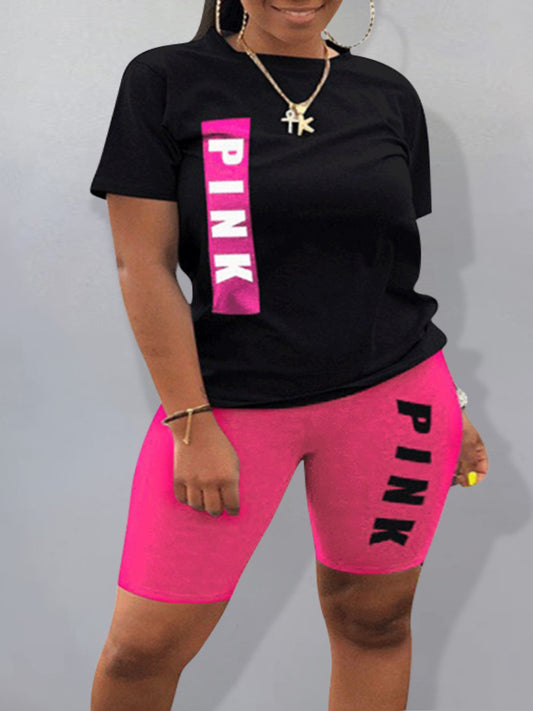 Plus Size Pink Letter Print Shorts Set