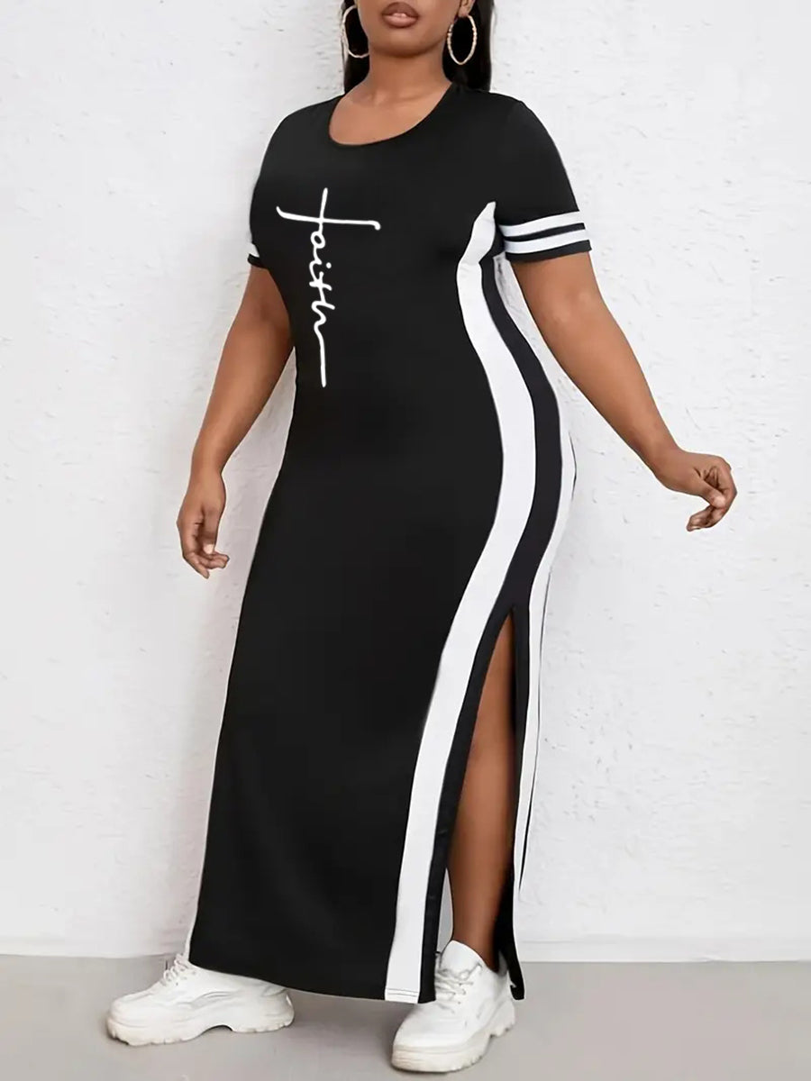 Plus Size Faith Letter Print Striped Bodycon Dress