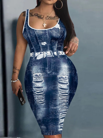 Plus Size Imitation Denim Ripped Bodycon Dress