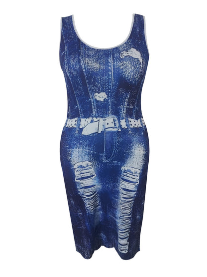 Plus Size Imitation Denim Ripped Bodycon Dress