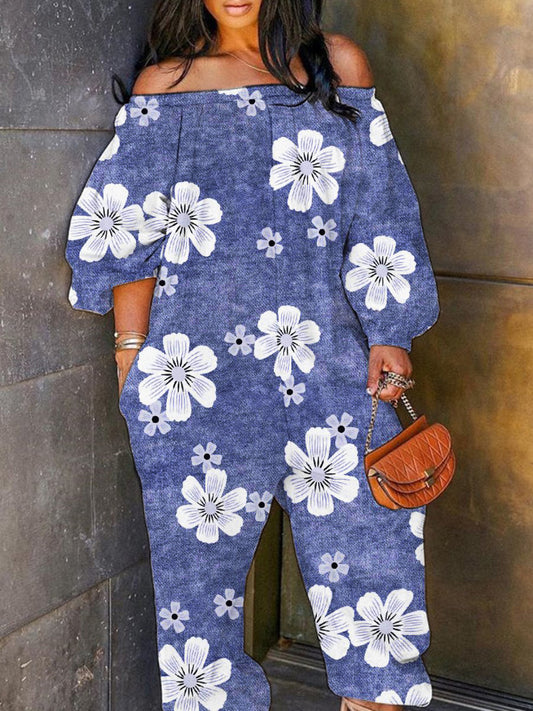 Plus Size Off The Shoulder Floral Print Jumpsuit