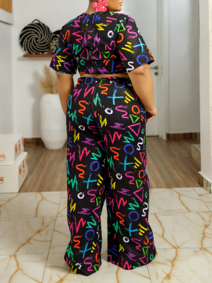 Plus Size Crop Top Graffiti Letter Pants Set