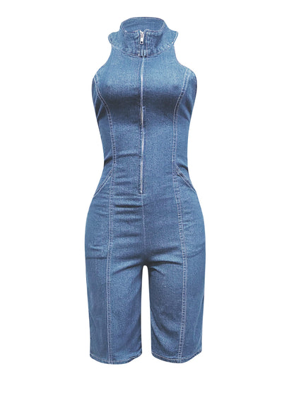 Plus Size Turtleneck Backless Denim Jumpsuit