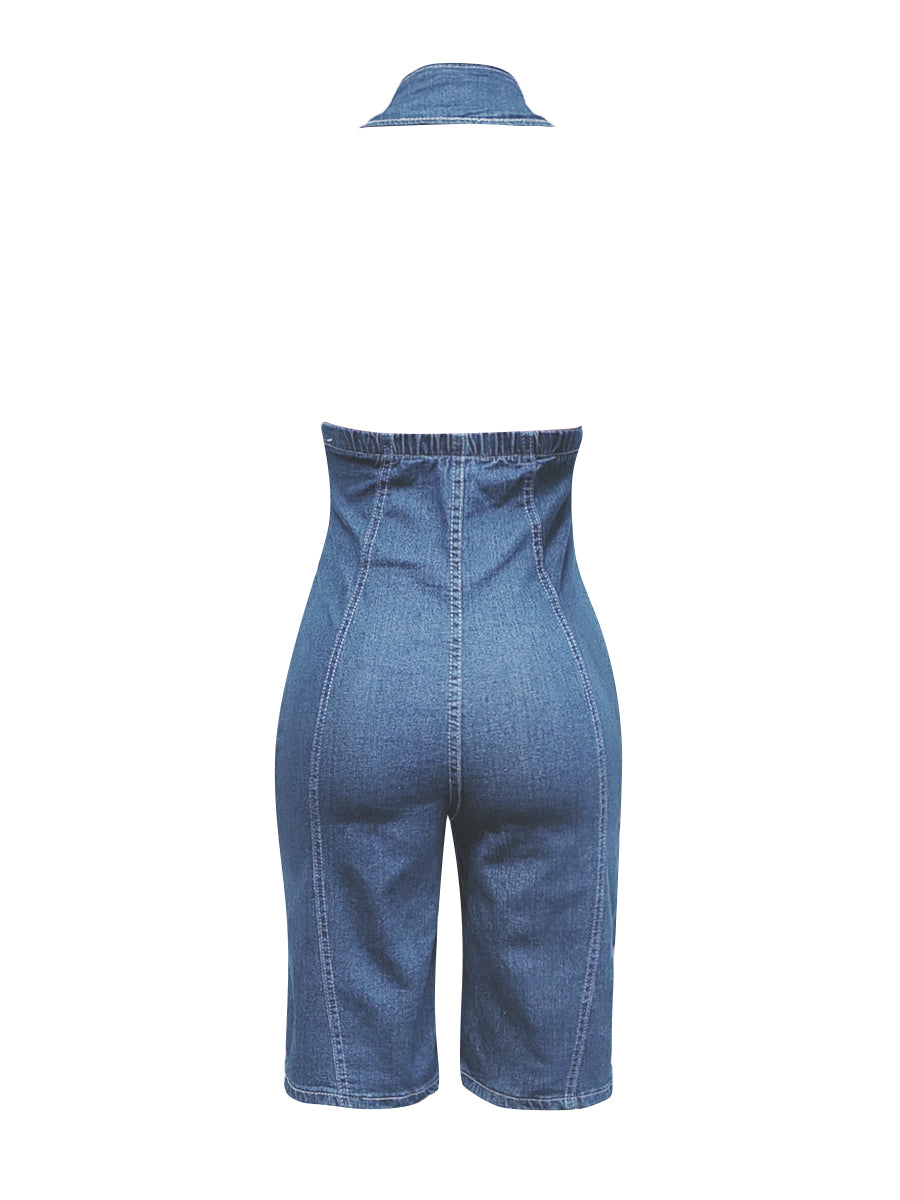 Plus Size Turtleneck Backless Denim Jumpsuit