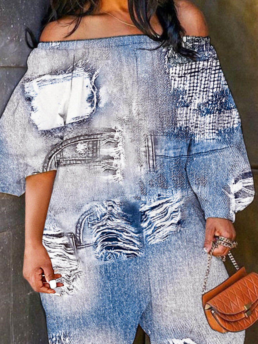 Plus Size Imitation Denim Off The Shoulder Loose Jumpsuit