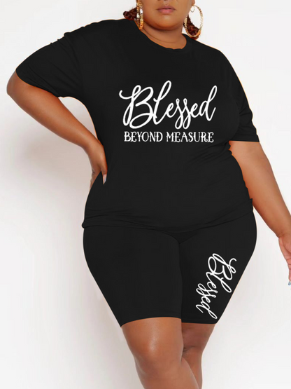 Plus Size Round Neck Letter Print Shorts Set