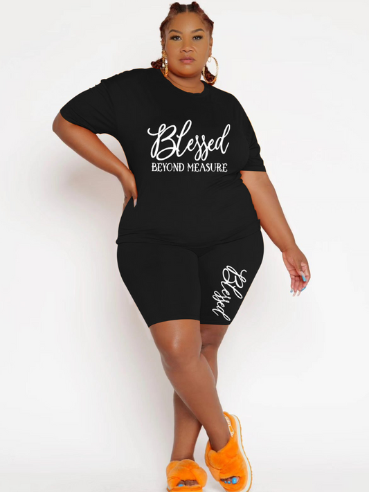 Plus Size Round Neck Letter Print Shorts Set