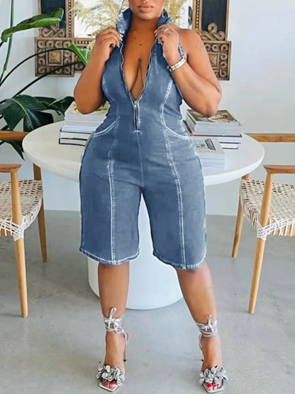 Plus Size Turtleneck Backless Denim Jumpsuit